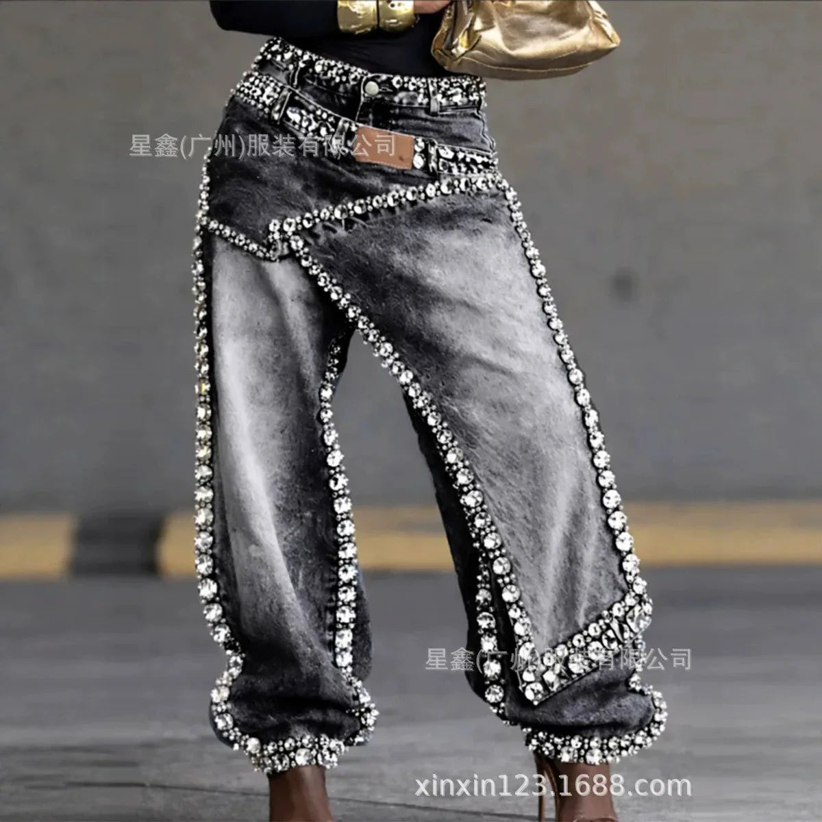Rhinestone Wide-Leg Jeans - black - Cowboy Outpost