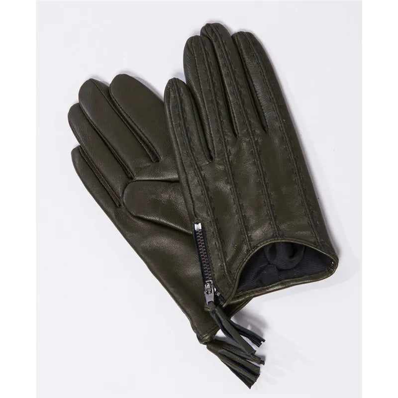 Leather Tassel Gloves - army green touch - Cowboy Outpost