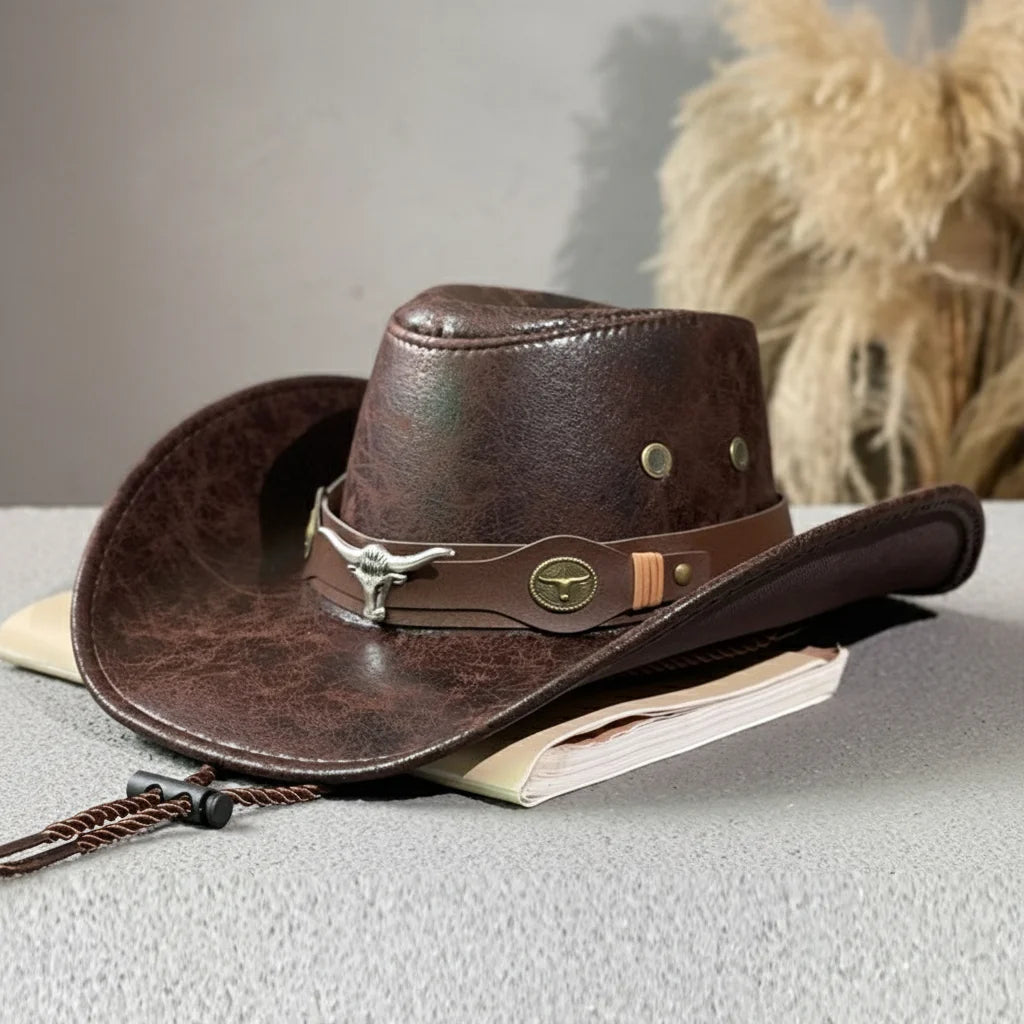 Leather Faux Cowboy Hat - Style 3 - Cowboy Outpost
