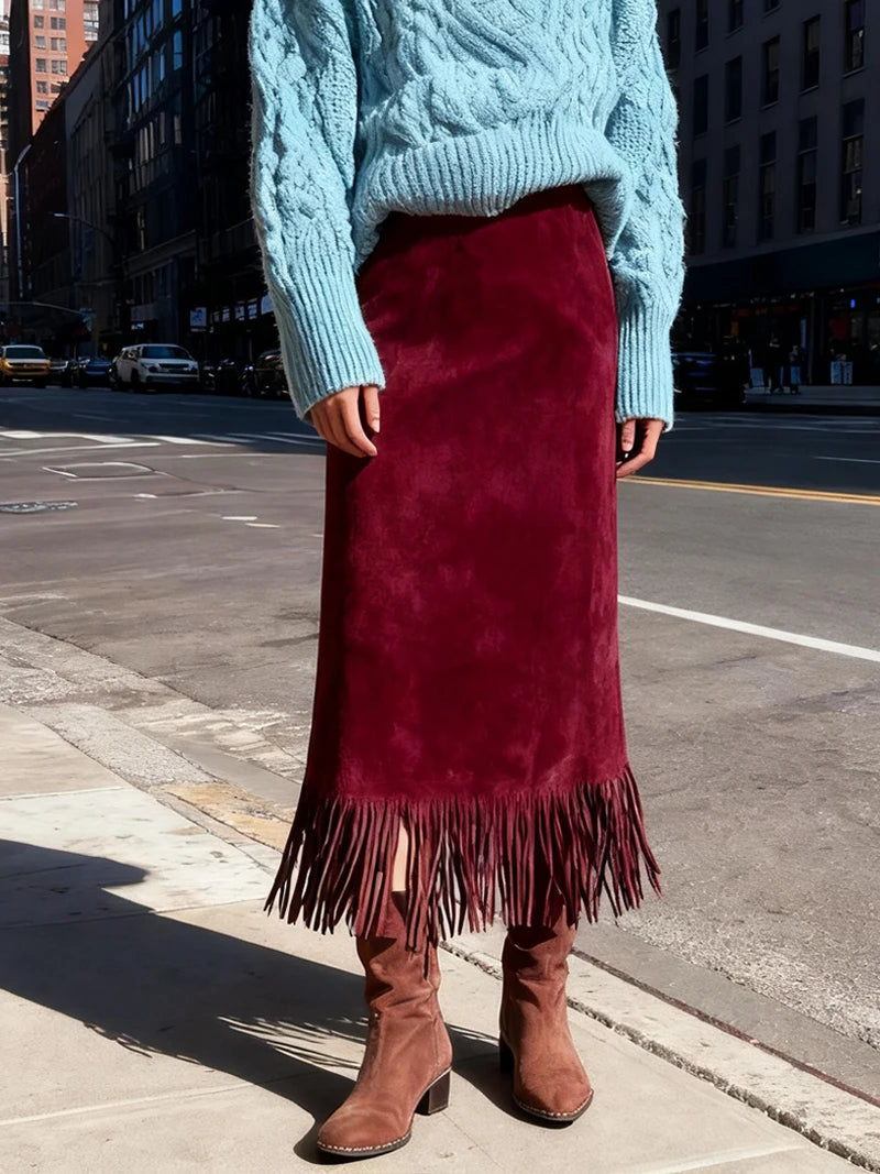 Long Suede Skirt - Dark red - Cowboy Outpost