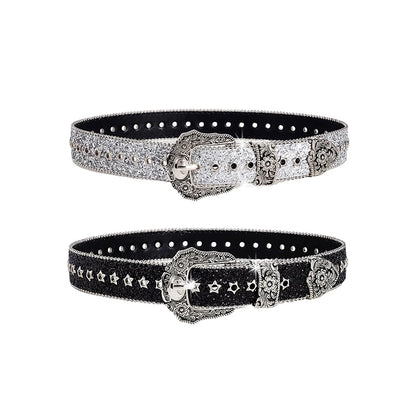 Leather Rhinestone Belt - Silver - Cowboy Outpost