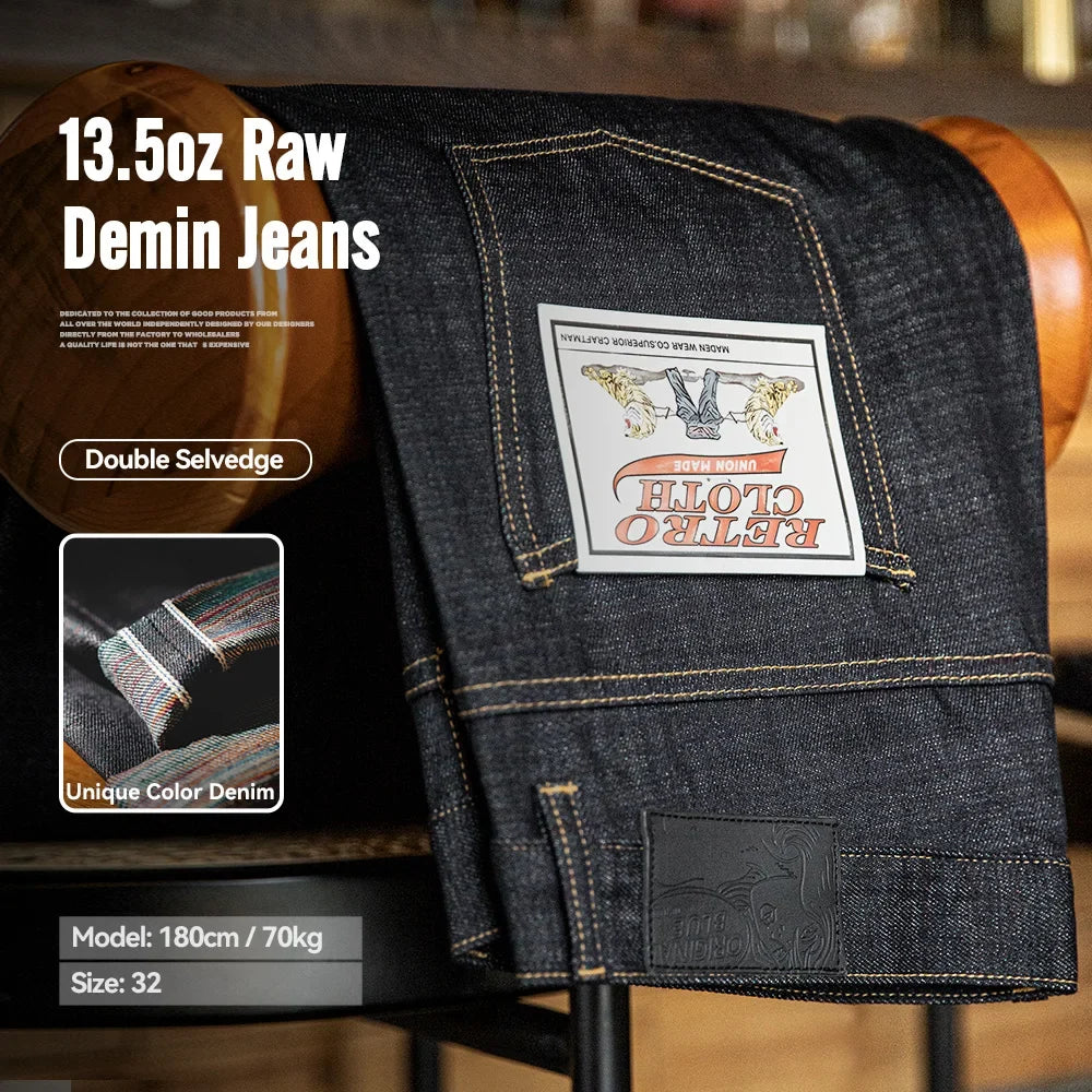 Raw selvedge denim jeans flat-lay collage with patch and selvedge fabric detail