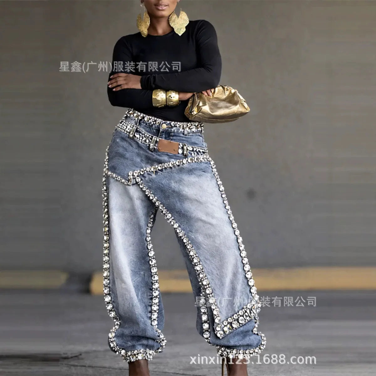 Rhinestone Wide-Leg Jeans - black - Cowboy Outpost