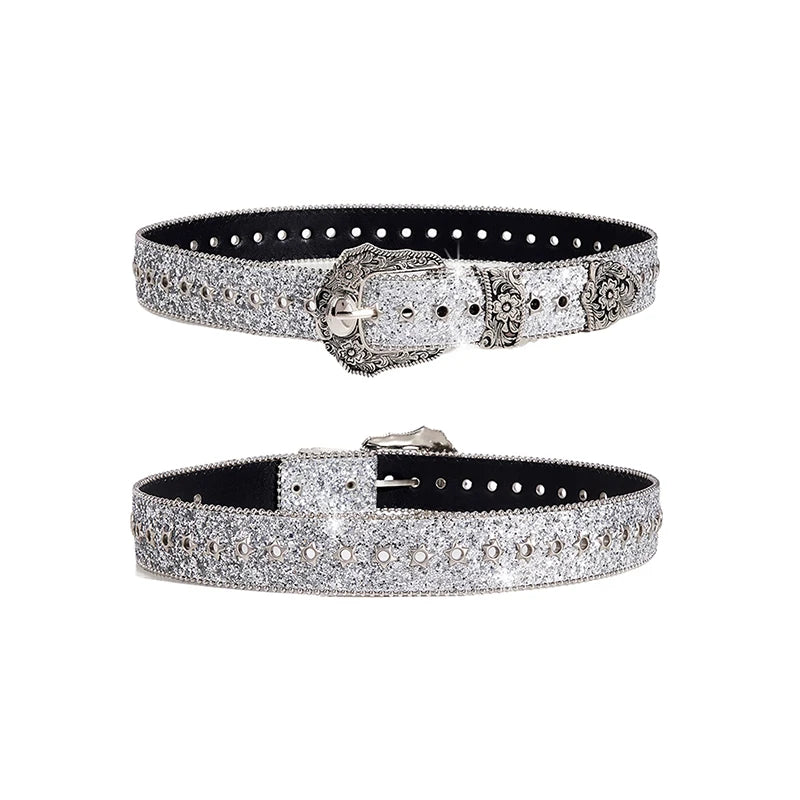 Leather Rhinestone Belt - Black - Cowboy Outpost