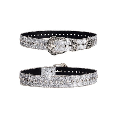 Leather Rhinestone Belt - Black - Cowboy Outpost
