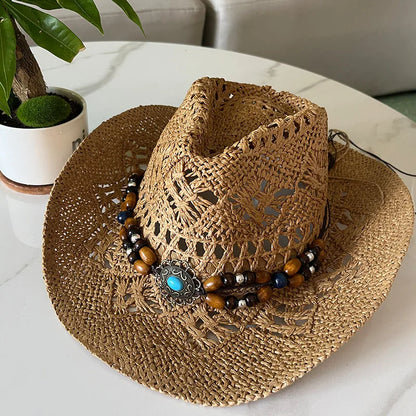 Shell Straw Hollow Cowboy Hat - Beige - Cowboy Outpost