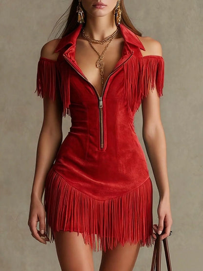Fringe Suede Dress - Red - Cowboy Outpost