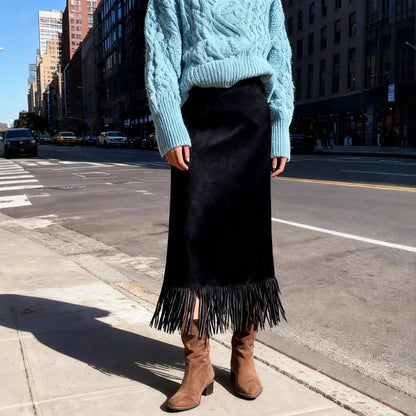 Long Suede Skirt - Black - Cowboy Outpost