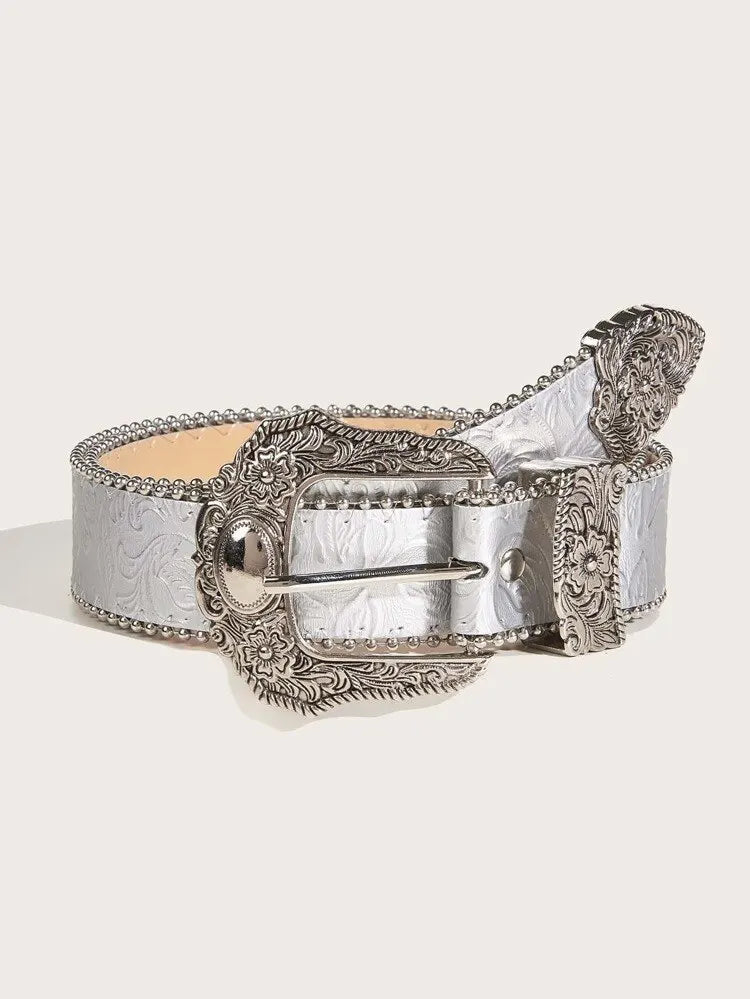 Leather Metal Belt - Silver - Cowboy Outpost