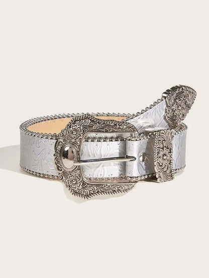 Leather Metal Belt - Silver - Cowboy Outpost