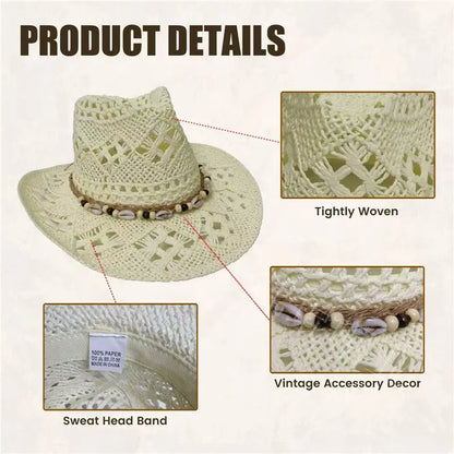 Beach Straw Shell Cowboy Hat - B - Cowboy Outpost