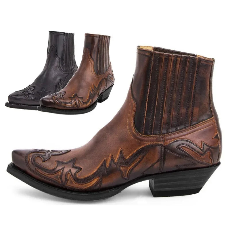 Leather Embroidery Cowboy Boots - Brown - Cowboy Outpost