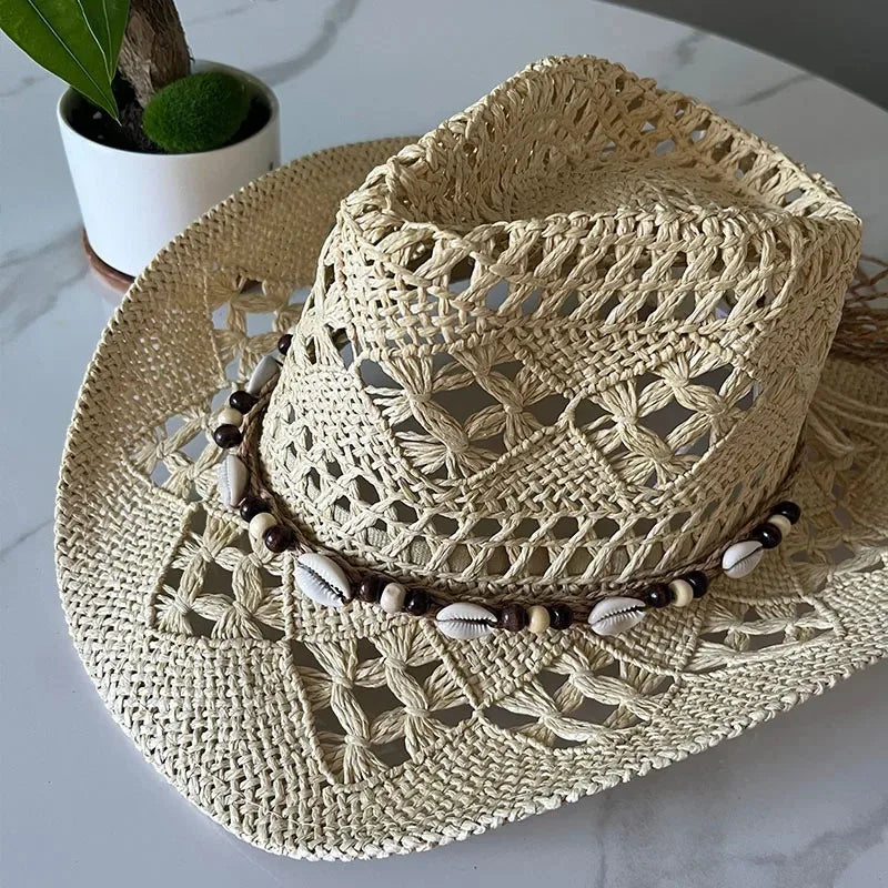 Beach Straw Shell Cowboy Hat - D - Cowboy Outpost