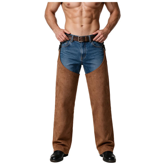 Brown suede open-crotch chaps worn over blue jeans, front view