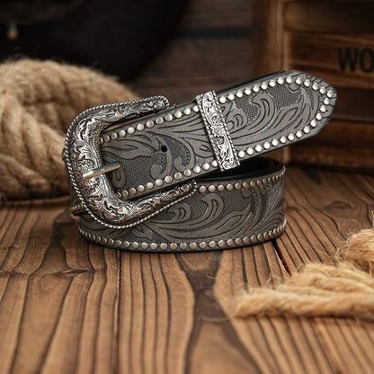 Leather Strap Belt - Men Waist Strap Bull Decoration Floral - Cowboy Outpost