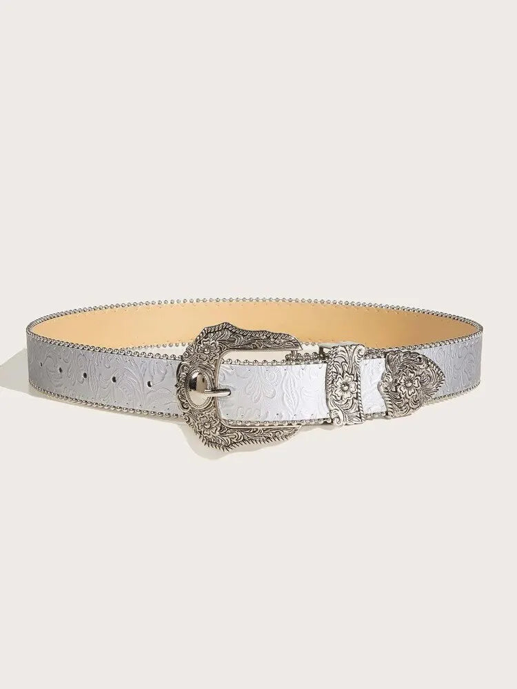 Leather Metal Belt - Silver - Cowboy Outpost