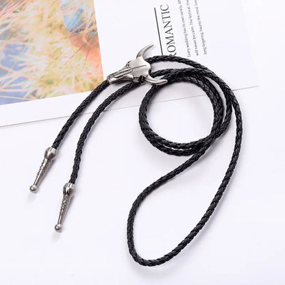 Leather Adjustable Bolo Tie - Bull Head(silver) - Cowboy Outpost