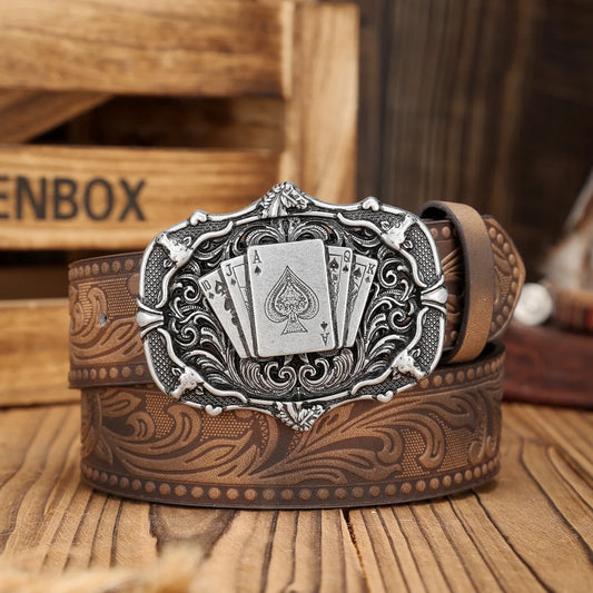 Brown tooled leather belt with silver poker card buckle, alternate coiled display