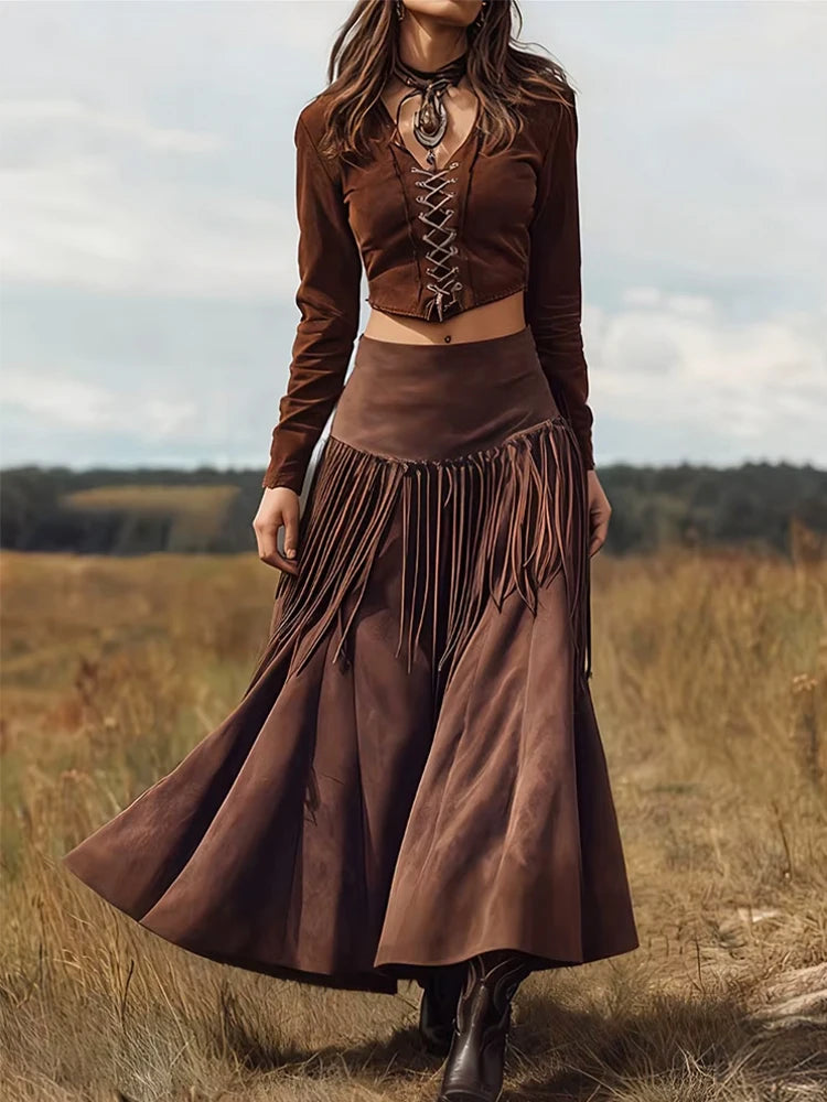 Brown Midi Skirt - Cowboy Outpost