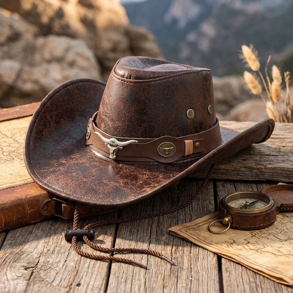 Leather Faux Cowboy Hat - Style 4 - Cowboy Outpost