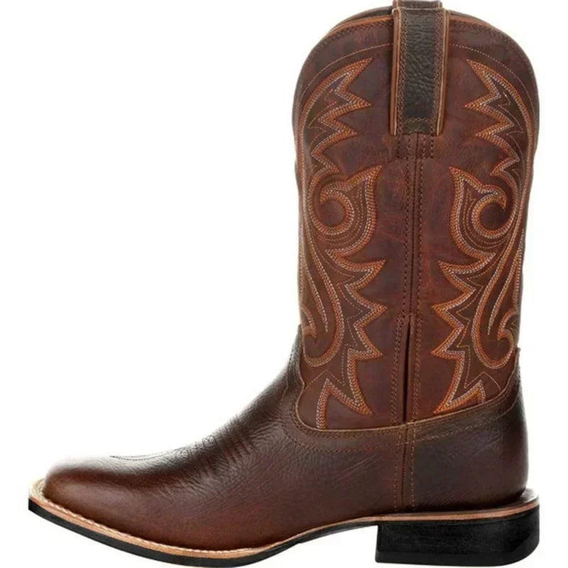 Leather Retro Cowboy Boots - Brown - Cowboy Outpost