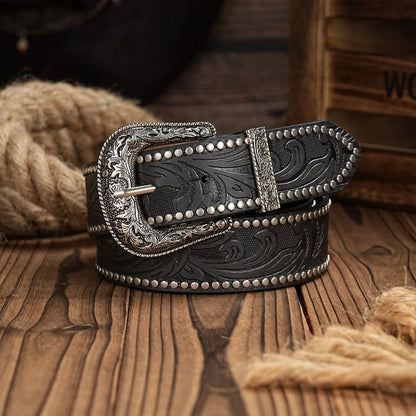 Leather Strap Belt - Men Waist Strap Bull Decoration Floral - Cowboy Outpost