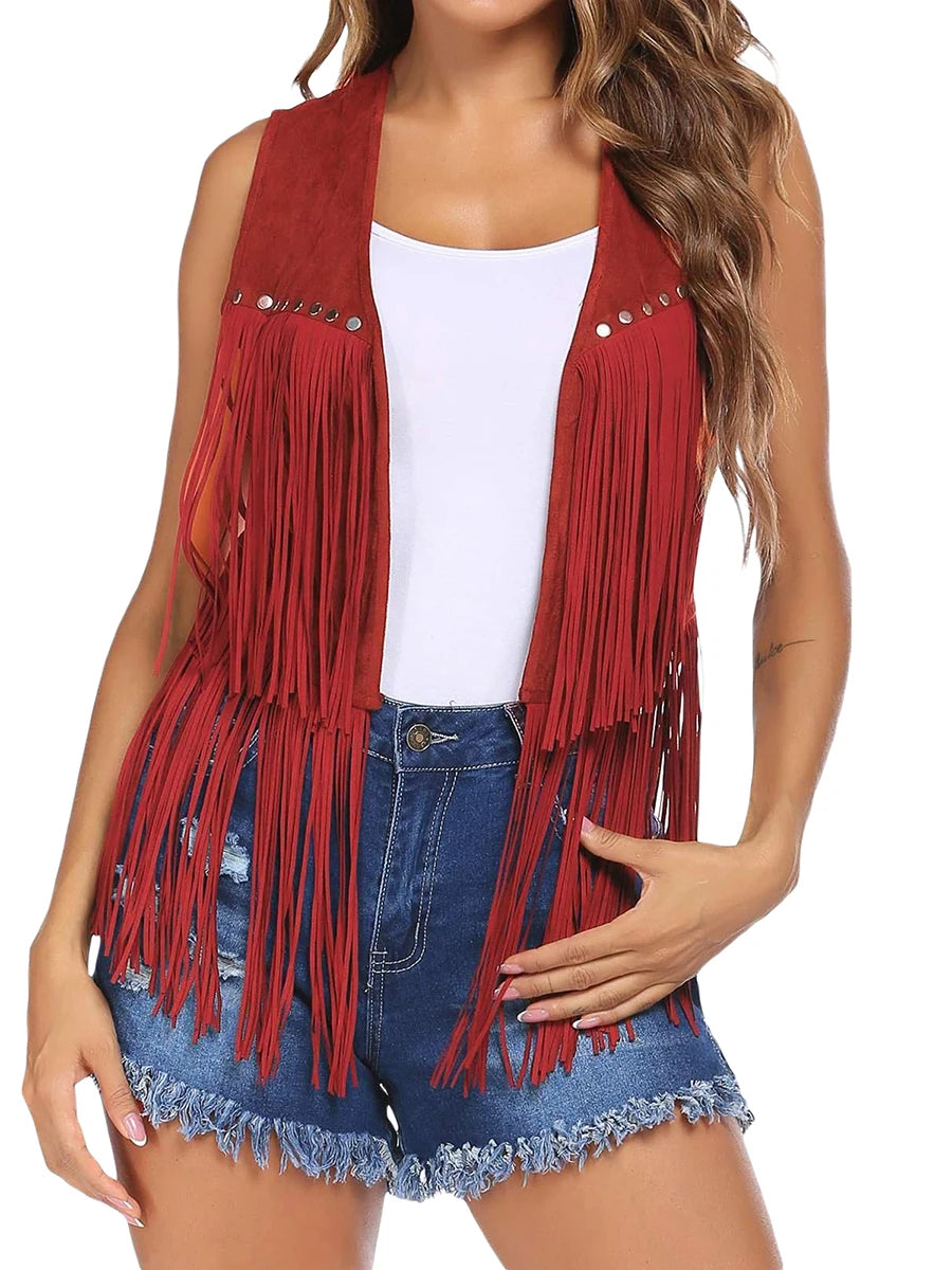 Suede Fringe Vest - Red - Cowboy Outpost