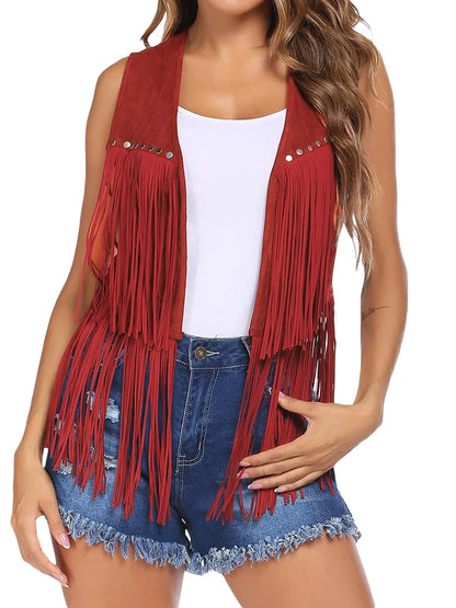 Suede Fringe Vest - Red - Cowboy Outpost